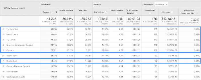 Google Analytics affinity audiences screenshot