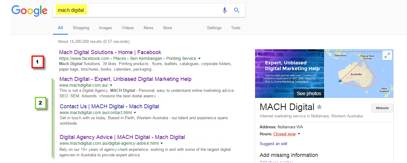SERP screen shot 2 - Googled 'mach digital' with map listing