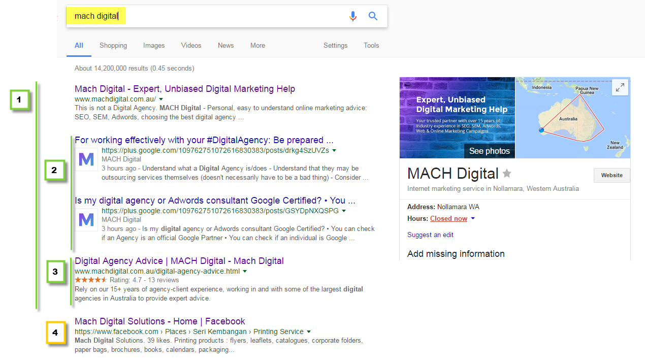 SERP screen shot 3 - Googled 'mach digital' with schema showing